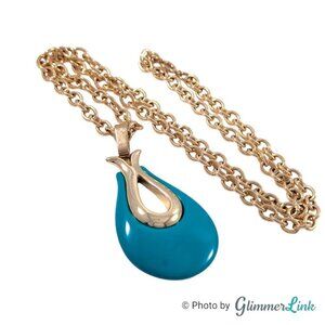Vintage Sarah Coventry Triple Treat Teal Teardrop Gold Tone Pendant Necklace